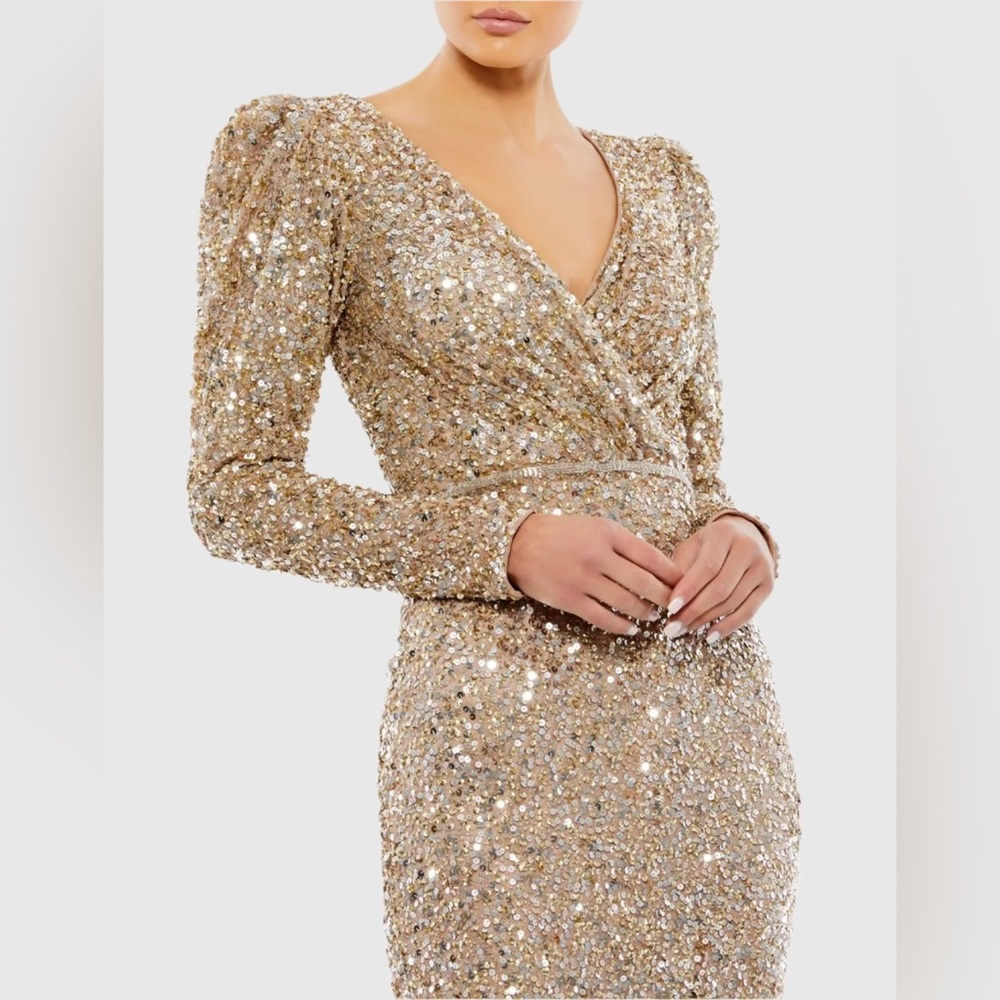 Gold Puff Shoulder Sequined Surplice Gown - Picture 2 of 3